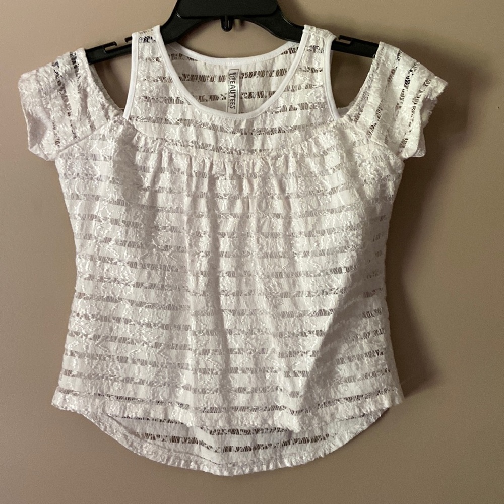 Girls White Lace Drop shoulder top with liner size L